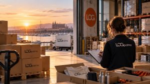 Responsable de logística revisando el inventario de material promocional en un almacén de Mallorca