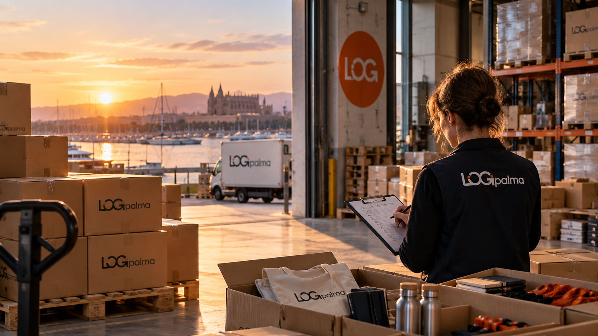 Responsable de logística revisando el inventario de material promocional en un almacén de Mallorca