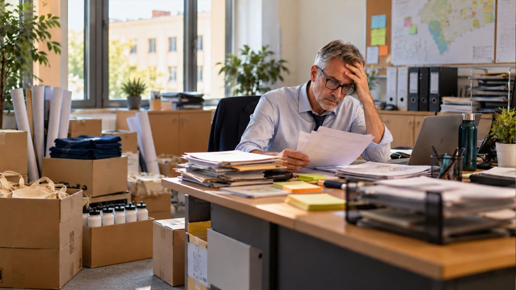 Hombre de mediana edad en una oficina administrativa, rodeado de papeleo y cajas con material de evento, revisando documentos con gesto de agobio.