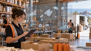 Profesional de logística preparando material promocional con paneles de análisis digital en un almacén de Baleares