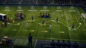 Campo de fútbol conceptual que representa el proceso de logística promocional de LOGIPALMA en Baleares, desde la recepción y el almacenaje hasta la distribución y entrega final de una campaña.